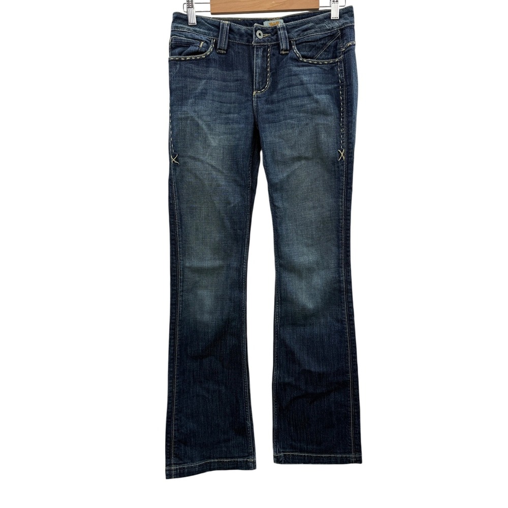 Y2K Antik Denim Flare Jeans Womens‎ 27 Low Rise Dark Wash Embroidered Vintage